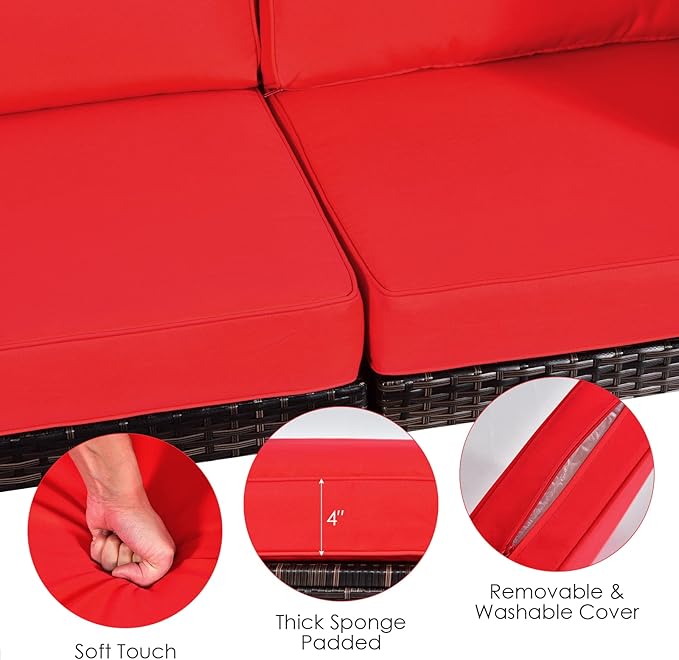 RELAX4LIFE 8-Piece Patio Furniture Set - Rattan Wicker Sectional Sofa Set w/Cushions, 32’’ Outdoor Gas Propane Fire Pit Table & Tank Holder, 40000 BTU Heat Output, PVC Cover for Firepit (Red)