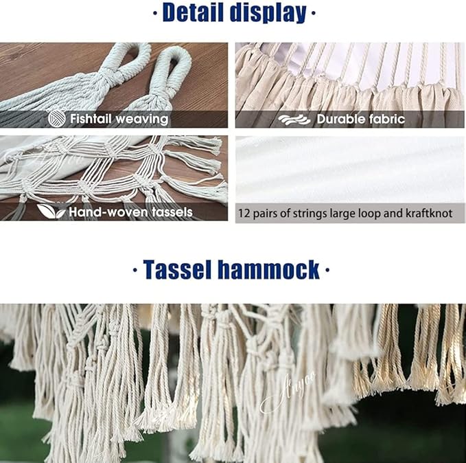 Canvas Fabric Hammock Double Portable Camping Hammock Large Cotton Tassel Hammock Bed for 2 Persons Patio Backyard Porch Lawn Garden Indoor Outdoor