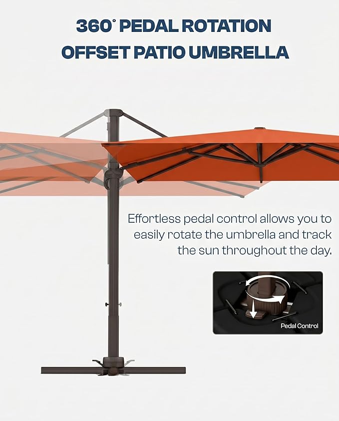 8' X 8' Patio Umbrella, Cantilever Umbrella with 360°Rotation, Offset Patio Umbrella with Easy Tilt & Fade Resistance for Pool Deck Garden Backyard, Orange (Base not Included)