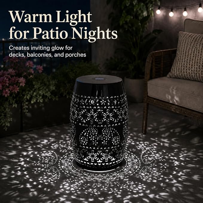 12" Outdoor Solar Side Table, Decorative Cutout Metal Round Side Table, Multi Functional - Coffee Table, Night Stand, Plant Stand for Patio, Garden, Backyard, Gazebo Indoor (Black)