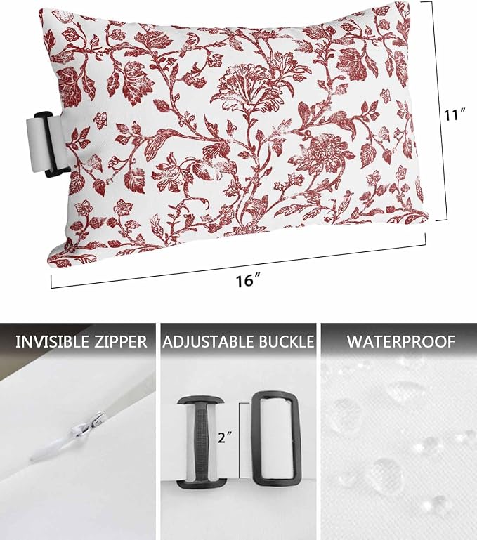 Pack of 2 Outdoor Lumbar Pillow Covers 11x16 Inch, Red Boho Flower Waterproof Throw Pillow Covers Set, Vintage Paisley Farmhouse Pattern Indoor&Outdoor Decorative Cushion Cases for Patio Porch Beach
