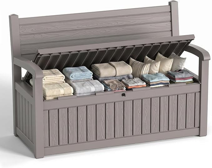 80 Gallon Outdoor Storage Bench Deck Box Waterproof Resin Lockable UV Resistant Benches Furniture Outside Porch Patio Pool Garden Tool Cushion Beige
