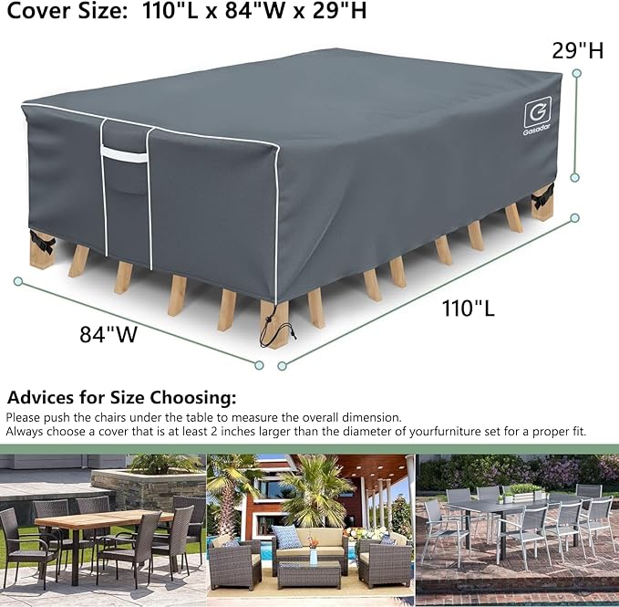 Gasadar Rectangular Outdoor Patio Sectional Furniture Cover Waterproof for General-Purpose Outdoor Dining Tables, Chairs and Sofas, 600D Heavy Duty, 110" L x 84" W x 28" H, Grey