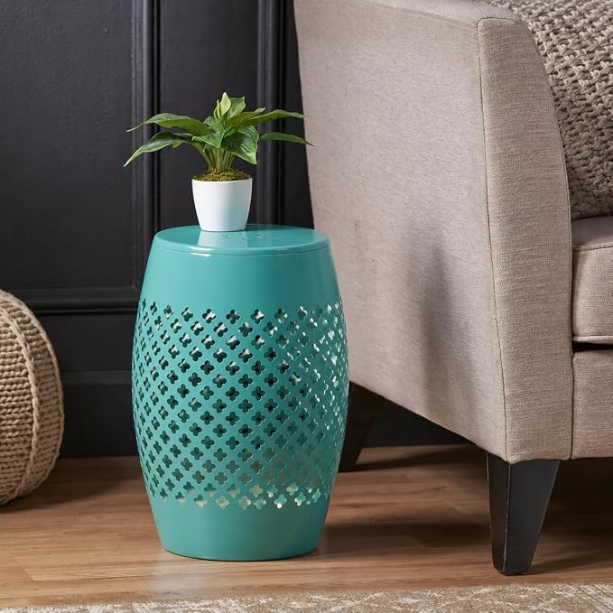 12" Outdoor Side Table, Decorative Cutout Metal Round Side Table, Multi Functional - Coffee Table, Night Stand, Plant Stand for Patio, Garden, Backyard, Gazebo Indoor (Green)