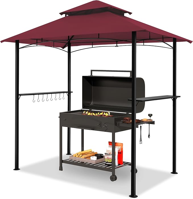 GARTOO 8'x5' Outdoor Grill Gazebo - Double Roof BBQ Gazebo Canopy with 2 Side Shelves and LED Lights, Patio BBQ Pergola Shelter for Garden, Porch and Backyard (Red)