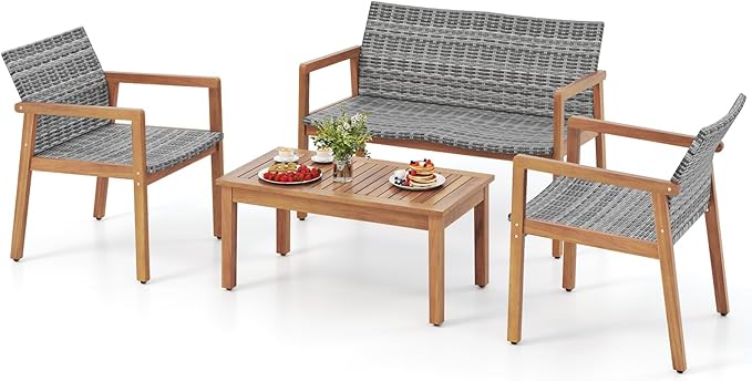 HAPPYGRILL 4-Piece Patio Furniture Set, PE Rattan Patio Bistro Set with Loveseat, Single Chairs & Coffee Table, Outdoor Acacia Wood Conversation Set for Garden, Backyard, Poolside & Porch