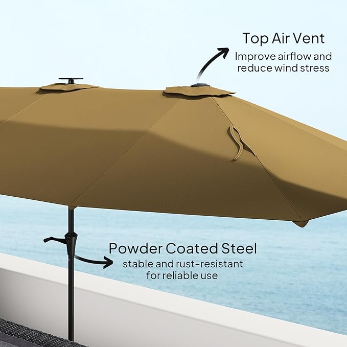 Outsunny 13ft Large Patio Umbrella with Solar Lights, Rectangular Double-Sided Outdoor Market Umbrella with Crank Handle and 48 LED Bulbs for Garden, Pool and Backyard, UPF 30+