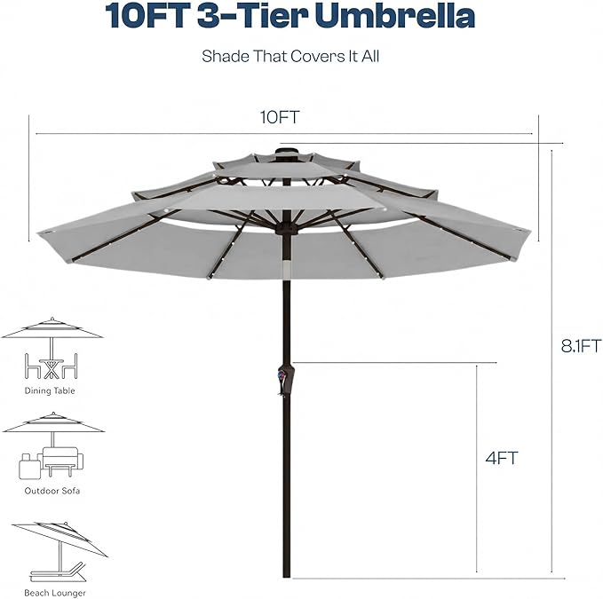 10ft 3-Tier Patio Umbrella with 32 Solar Powered LED Lights, Windproof Outdoor Market Umbrella for Deck, Poolside & Garden, Sturdy Push-Button Tilt Table Umbrella, Light Gray