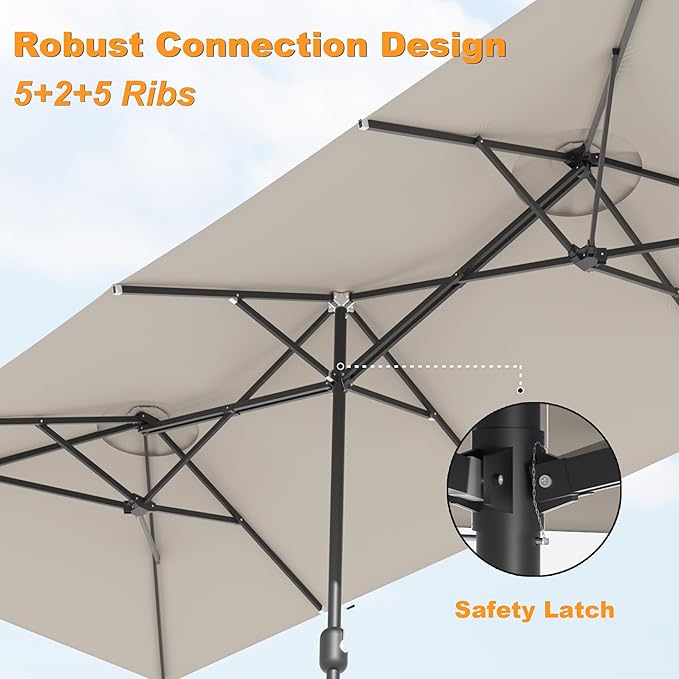 Kullavik 15FT Outdoor Patio Umbrella,Large Umbrella with 10 Heavy iron rib,sun umbrella with Crank Handle,Parasol for Poolside,Beach,Backyard,Khaki