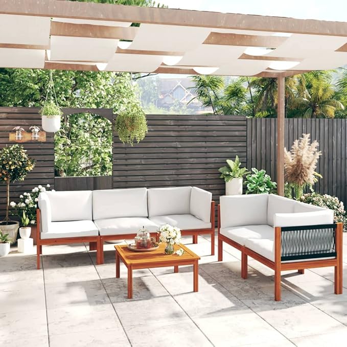 Patio Lounge Set with Cushions,Outdoor Patio Furniture,Outdoor Chat Conversation Set,for Patio,Backyard,Garden,Outdoor,6 Piece Cream Solid Acacia Wood