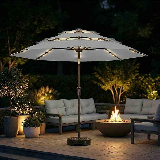 10ft 3-Tier Patio Umbrella with 32 Solar Powered LED Lights, Windproof Outdoor Market Umbrella for Deck, Poolside & Garden, Sturdy Push-Button Tilt Table Umbrella, Light Gray