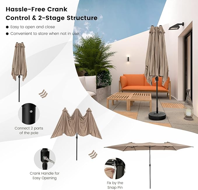 Tangkula 15 FT Double-Sided Patio Umbrella with Crank Handle, Vented Tops, Large Outdoor Rectangle Market Twin Umbrella with 10-Rib Metal Structure, Table Umbrella for Poolside Deck Lawn Garden