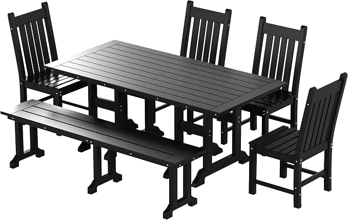 WO Home Furniture Adirondack Patio Dining Chair Table Bench Set of 6 PCS Rectangle Dinner Table Dining Armless Chairs (Black)