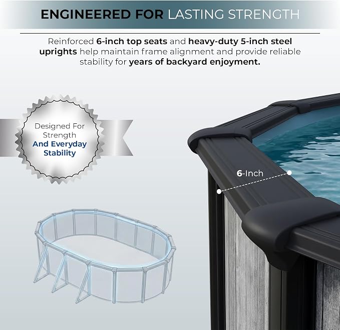 Blue Wave San Pedro 12x24-ft Oval 52-in Deep Hard Sided Steel Wall Above Ground Pool with 6-in Top Seats, 5-in Verticals, Skimmer & Vinyl Liner - 6,300 Gallon Cap for Family Swimming & Recreation