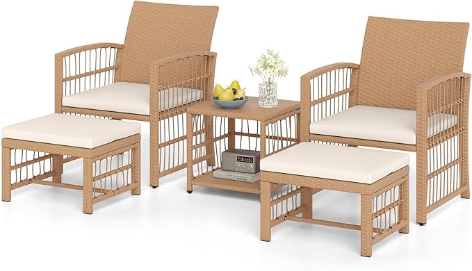 Tangkula 5 Pieces Patio Wicker Conversation Set, Outdoor Furniture Set with 2 Armchairs, 2 Ottomans & 2-Tier Side Table, Outside Rattan Cushioned Sofa Set for Deck, Backyard, Porch or Poolside