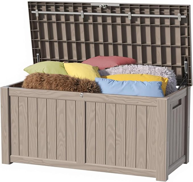 Zapdos 120 Gallon Outdoor Storage Box Deck Box with Stainless Steel Rods, Waterproof Large Resin Storage Bin for Patio Cushions Garden Tools, Lockable, Fade Resistant, Grey