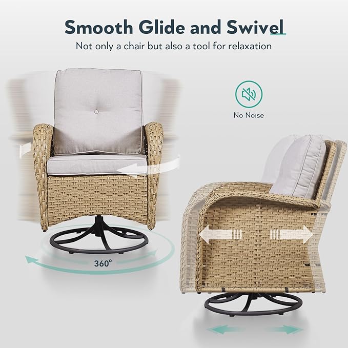 2 in 1 Porch Glider Swivel Chair - Outdoor Swivel Rocker Patio Wicker Chair with Thick Cushions, 300 Lb Weight Capacity Patio Swivel Glider Seating Yellow/Beige