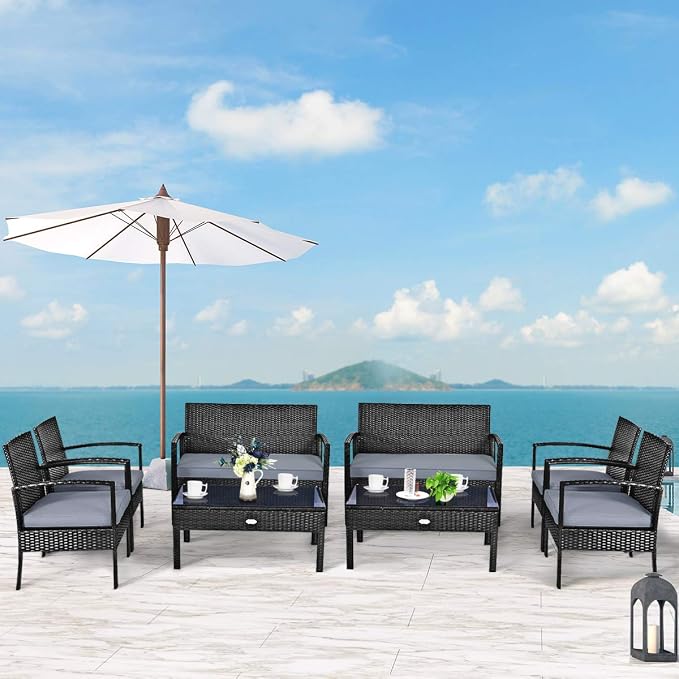 Outdoor Conversation Set 8 Pieces Patio Furniture, Wicker Patio Chair Sofa Set with Water-Resistant Gray Cushion & Tempered Glass Table for Backyard, Balcony, Porch(Black)