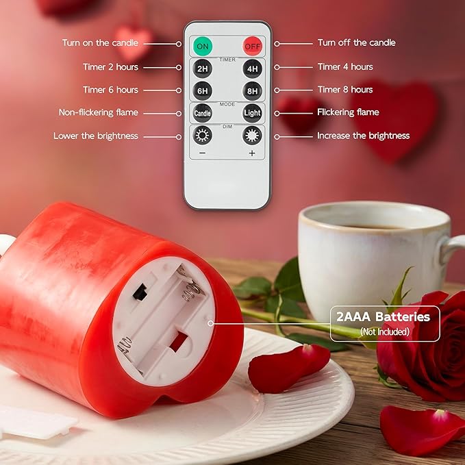 Valentines Day Flameless Candles with Remote, Heart Shaped Candles Battery Operated 3 Pack Red LED Pillar Candles for Wedding Proposal Anniversary Romantic Night