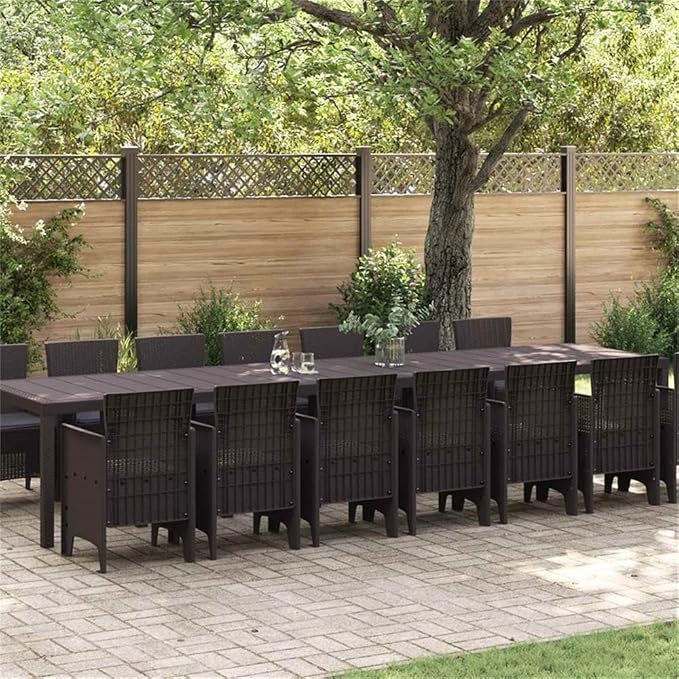 Afuera Living 15 Piece Poly Rattan Garden Dining Set, Brown Finish, Weather-Resistant Outdoor Patio Seating with Cushions, Flat Armrest Design, Spacious 157.5 x 39.4 in Setup for BBQs or Gatherings