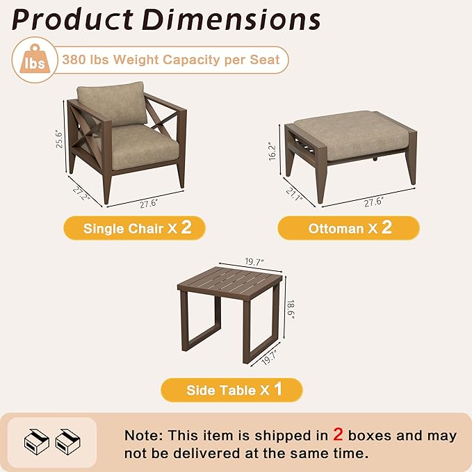 MBY 2-Seat Aluminum Patio Furniture Set with Ottomans & Coffee Table, Oversized Outdoor Conversation Set, Weather-Resistant for Backyard, Deck, Balcony – Brown
