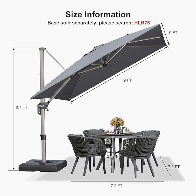 PURPLE LEAF 9’ X 9‘ Patio Umbrella Outdoor Cantilever Umbrella, Aluminum Offset Umbrella with Champagne Frame and 360° Rotation for Pool Deck Garden, Light Grey