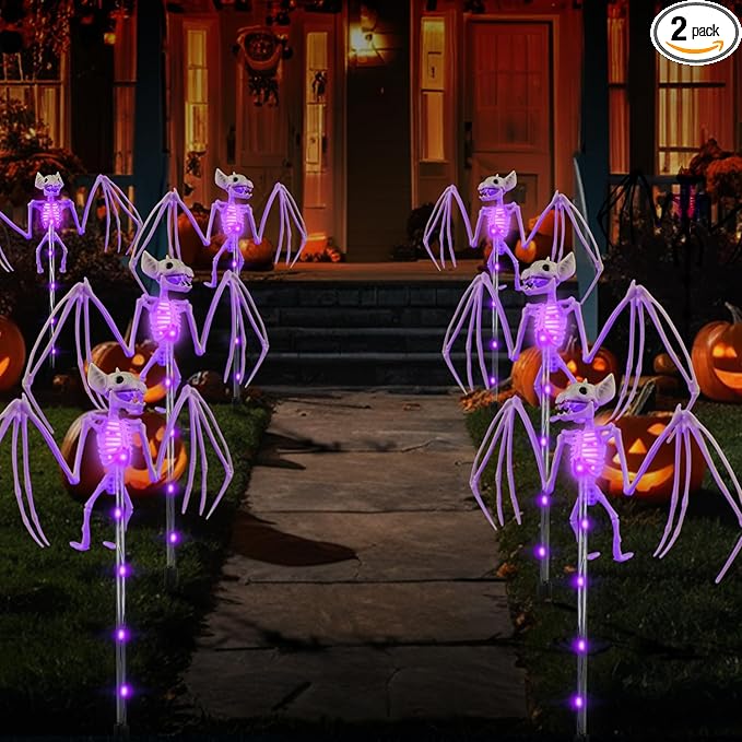 Halloween Decorations Outdoor Solar Garden Lights,2PCS of Set 3D Scary Bat Realistic Skeleton Outside Decor,Solar Creepy Bats Path Lights for Grave/Yard/House/Halloween Party Gifts Decor Purple