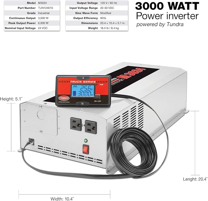 Tundra M Series M3024 Power Inverter Modified Sine Wave 3000W/ 24V DC to 120 V AC for Trucks, Buses & Coaches Features LCD Display Adjustable Battery Protection with Dual AC Outlets