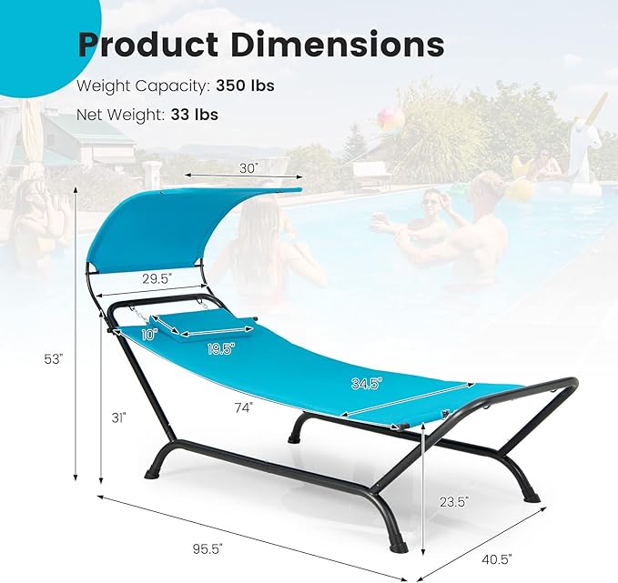 Nightcore Outdoor Canopy Hammock Swing Chair, Cushioned Patio Hanging Chaise Lounge w/Pillow & Storage Bag, Metal Swing Hammock Bed w/Stand for Garden, Lawn, Backyard (Blue)