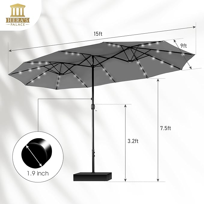 HERA'S PALACE 15ft Patio Umbrella with Base Included Double Sided Outdoor Umbrella for Patio Table Umbrella Outdoor 36 LED Solar Lights for Garden
