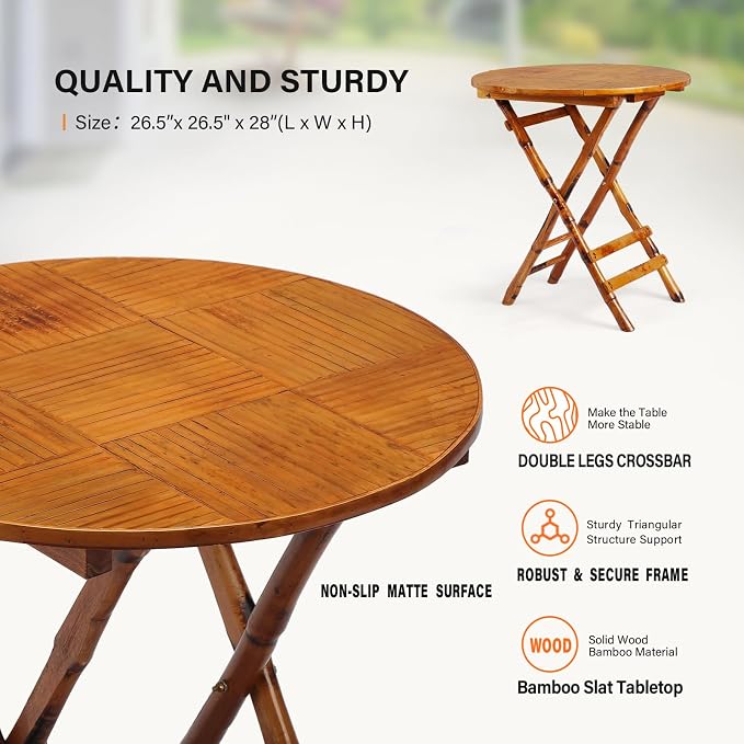 VINGLI 26.5 Inch Foldable Bamboo Round Table - Portable Lightweight Design for Indoor/Outdoor Use, Easy Assembly & Space-Saving Storage