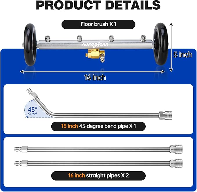 AURORA CAR Undercarriage Pressure Washer Attachment 16 Inch, Dual-Function Undercarriage Cleaner, Under Car Wash Water Broom with 3 Extension Wands, Power Washer Surface Cleaner, 4000 PSI