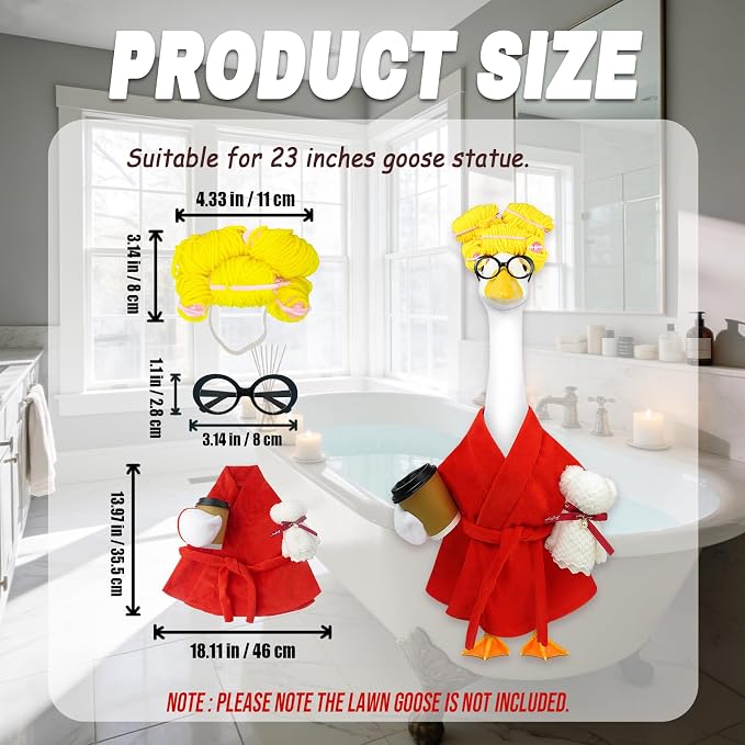 Lady Porch Goose Outfits,Bathrobe Porch Goose Statue Costume with Curlers Reading Glasses Coffee Cup Towel,Cute Goose Clothes for 23-Inch Cement Statue,Lawn Yard Garden Patio Decor（Red）