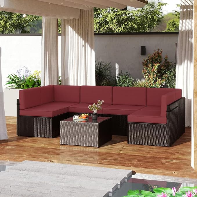 FIZZEEY 7 PCs Outdoor Patio Furniture PE Wicker Rattan Sectional Conversation Sofa Set, Burgundy