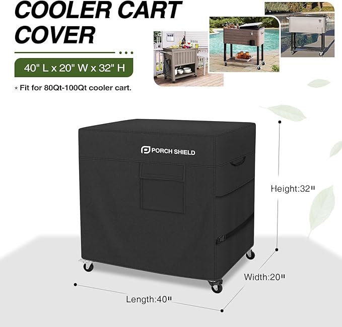 Porch Shield Waterproof Rolling 80-100 Qt Cooler Cart Cover Fits Most Patio Ice Chest Party Cooler (Black, 40"L x 20"W x 32"H)