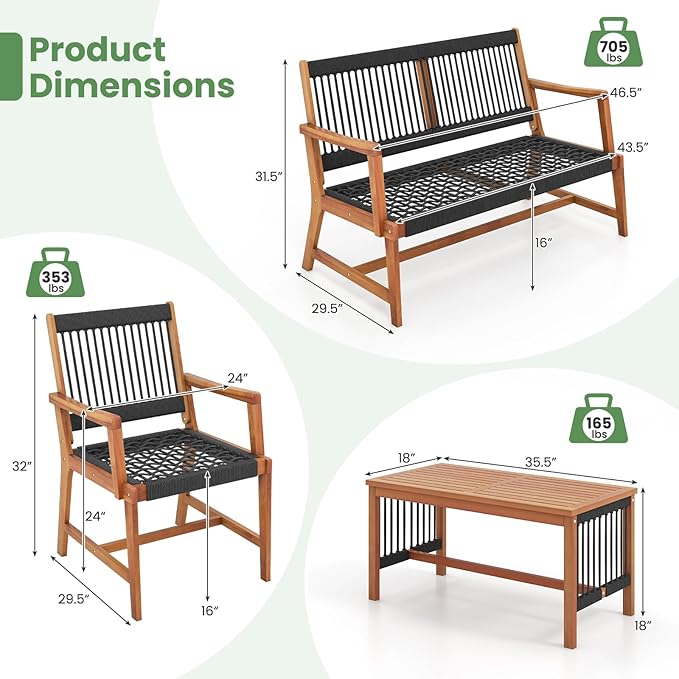HAPPYGRILL 4 Pieces Patio Furniture Set Acacia Wood Conversation Set with Hand-Woven Rope Design, Ergonomic Loveseat & Single Chairs, Wooden Chair & Table Set for Porch Yard Poolside