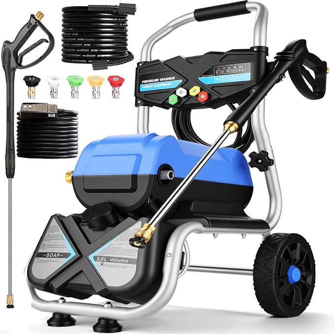 MAX+5000PSI+4GPM+3L Foam Bottle Electric Pressure Washer, Professional Electric Power Washer with 33FT Hose 5 Nozzles 8" Wheels, Commercial/Household/Removable Pressure Washer Electric Powered, Blue