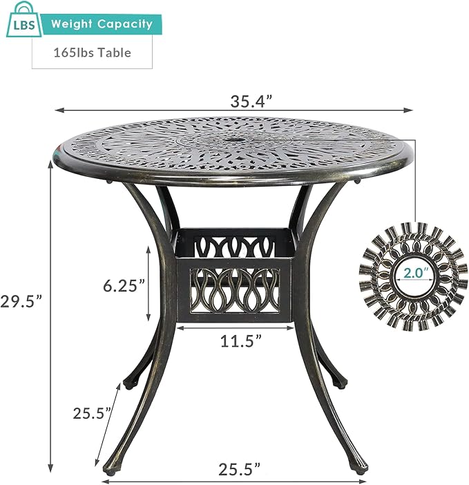 MEETWARM 35.4" Round Patio Dinning Table, Outdoor Cast Aluminum Dinning Table with 2" Umbrella Hole, Dark Bronze