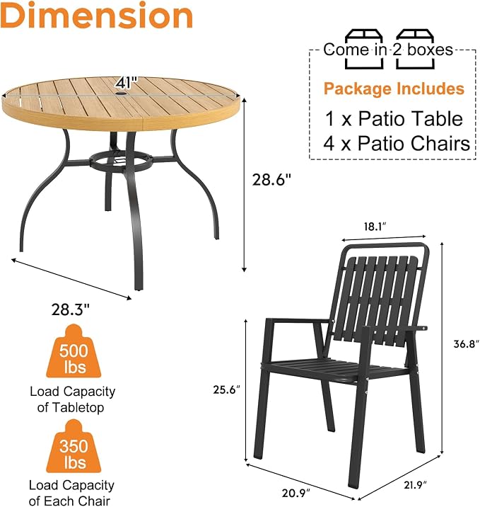 Outdoor Patio Dining Set for 4, 5 Pieces Patio Table and Chairs Set with Umbrella Hole, 41"x 41" Round Metal Wood-Grain Dining Table Set with 4 Metal Frame Patio Chairs for Deck , Backyard, Porch