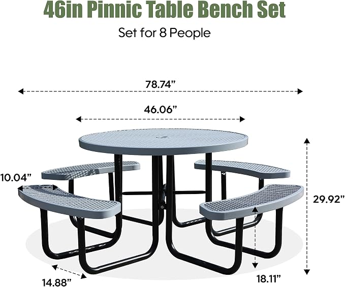 8 Person Metal Picnic Table for Outdoors, 46Inch Heavy Duty Sturdy Round Picnic Tables W/ 4 Benches & Umbrella Hole, Weatherproof Commercial Picnic Table for Garden, BBQ, Coffee Store, Patio, Porch