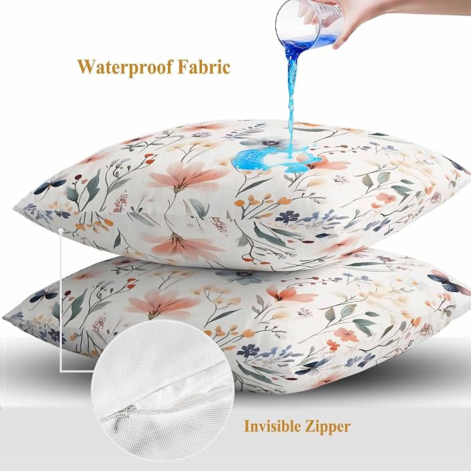 Spring Flower Butterfly Outdoor Waterproof Throw Pillow Covers Set of 2, 20"x20", Retro Watercolor Floral Leaf Decorative Pillow Covers Outside Cushion Case for Patio Porch Garden