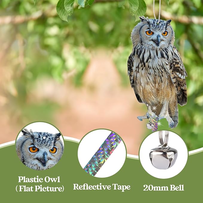 Fake Owl to Keep Pigeons Away from Balcony, 3Pcs Flat Plastic Owl to Scare Woodpecker from House, Garden Owls to Scare Pigeon Squirrel, Hanging Owls with Reflective Tape for Porch Patio Windows Yard