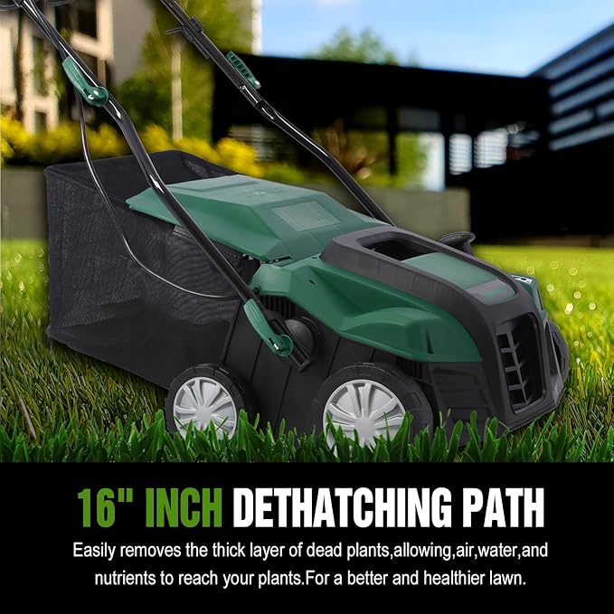 16 Inches Scarifier,2-in-1 Electric Dethatcher Scarifier with Removable Collection Bag,Lawn Scarifier with Adjustable System,Electric Lawn Dethatcher for Home Garden