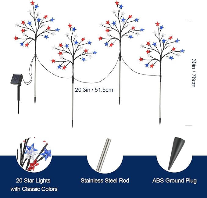 Lewondr 4th of July Decorations Solar Garden Lights, Outdoor Red Blue White Star Solar Lights, Waterproof Patriotic Decor with 20 LED 2 Lighting Modes for Independence Day Memorial Day, 4 Pack