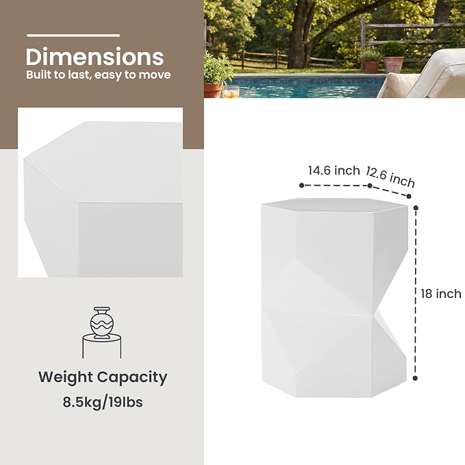HOMPUS Outdoor Side Table Polygonal, Concrete End Table Hexagonal w Gloss Finish, Patio Accent Table Modern Design Home Decor, MgO Coffee Table for Living Room, Garden, Backyard, White