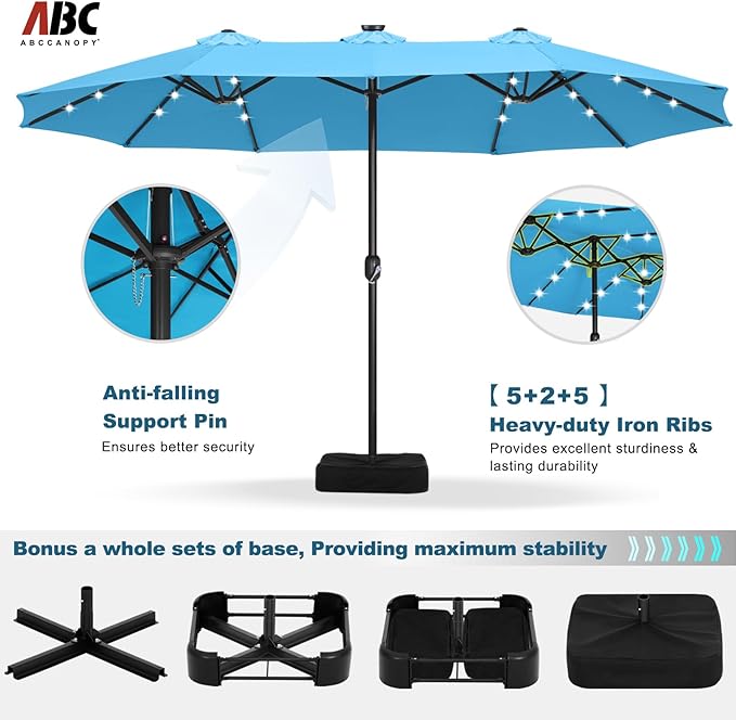 ABCCANOPY 15ft Umbrella Outdoor Patio Solar Lights with Base, Outdoor Double-Sided Rectangle Umbrella for Poolside, Lawn, Backyard (Turquoise)