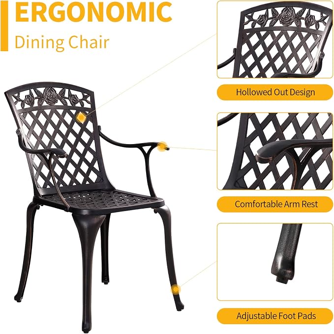 5 Pieces Outdoor Patio Dining Set, Cast Aluminium Patio Furniture Set with 4 Chairs Round Table, Anti Rust Outdoor Dining Set with 1.97" Umbrella Hole for Garden, Porch and Poolside, Bronze