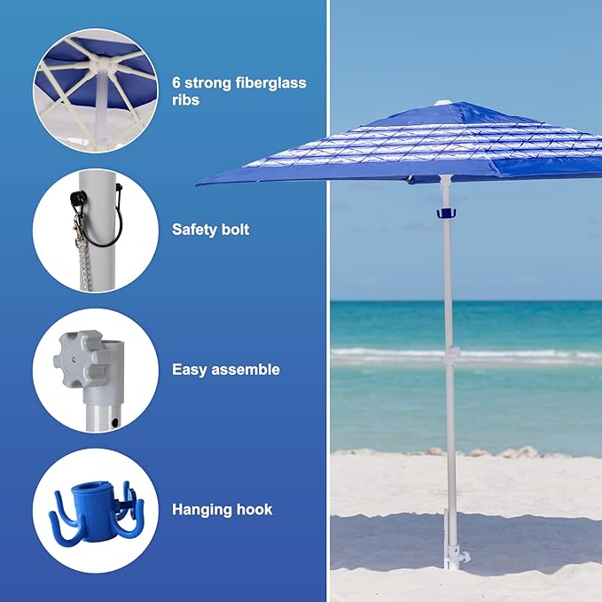 AMMSUN 8ft Large Beach Umbrellas for Sand Heavy Huty Wind Portable Commercial Grade Patio Beach Umbrella with Sand Anchor Adjustable Height Air Vent UPF 50+ Telescoping Pole without tilt Blue White