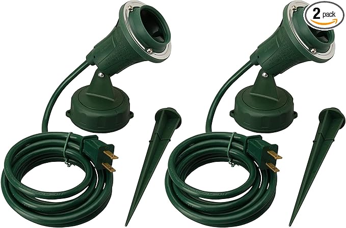 Woods Outdoor Floodlight Fixture with Stake (6-Feet Cord, 120V, Green) (2 Pack)