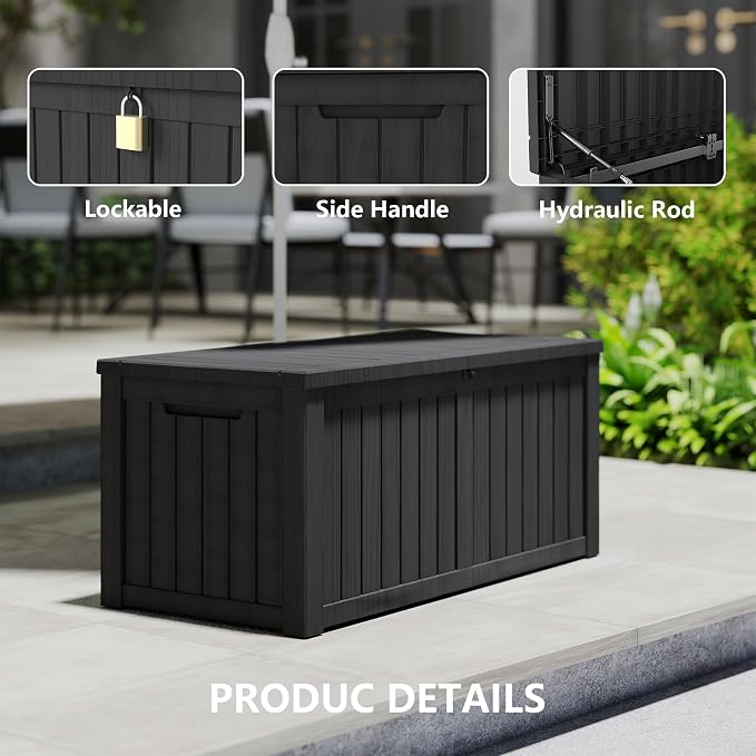 120 Gallon Waterproof Resin Outdoor Storage Box, Lockable & UV Resistant | Patio Deck Boxes, Outside Storage for Patio Cushions, Pool Toys, Garden Tools & Package Delivery, Black